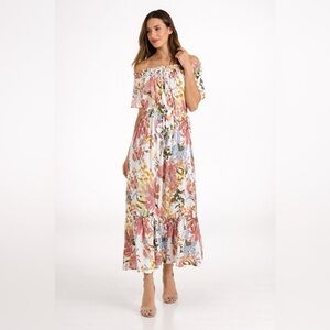 New Directions Ivory Floral Boho Maxi Dress Elastic Waist Fits Medium